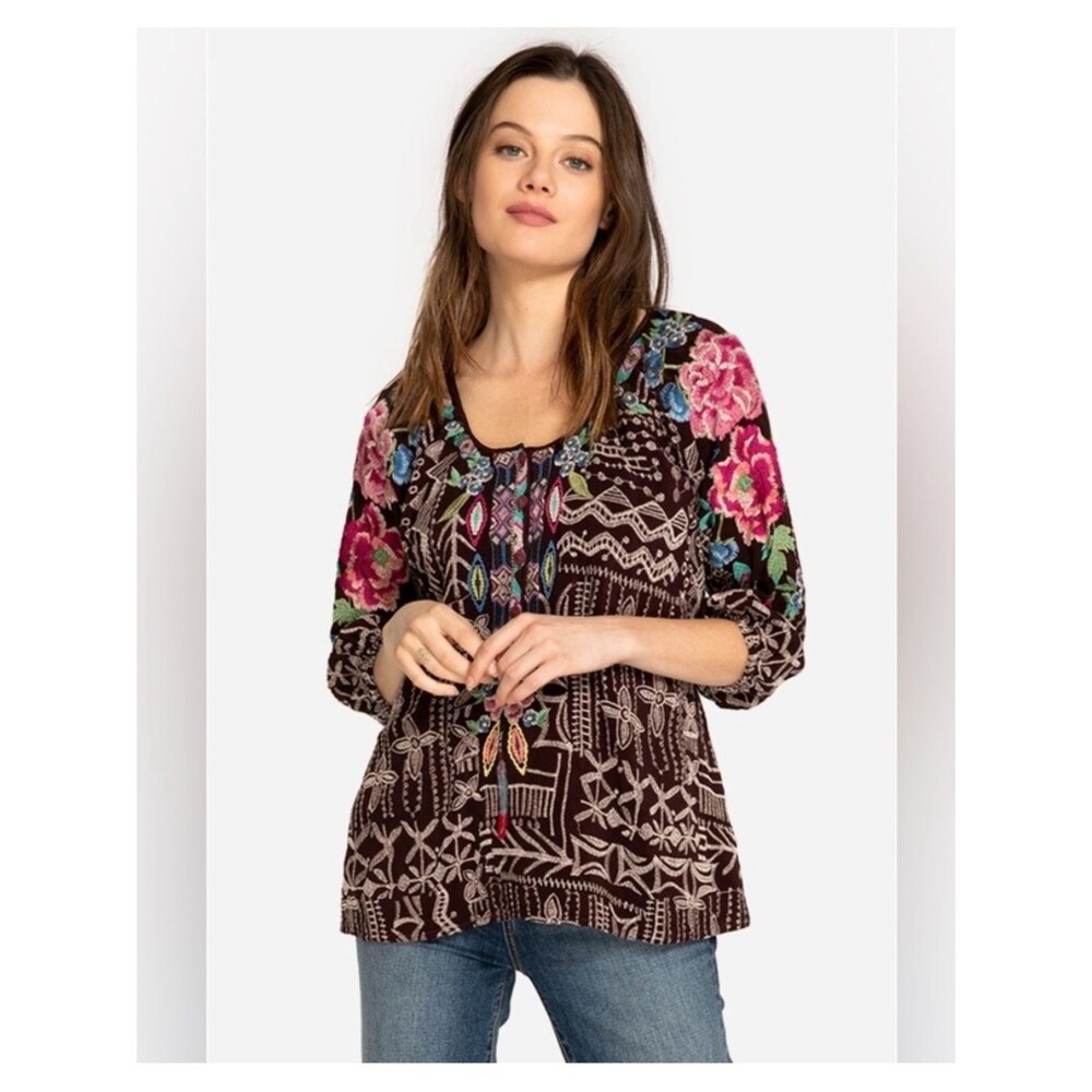Johnny Was Trista Blouse Embroidered Floral Peasant Top Boho Artisan Size Small